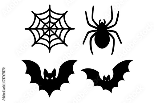 Collection of spooky Halloween elements featuring spider, bat, and spider web silhouettes