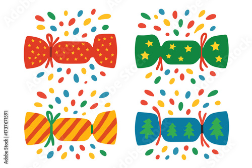 Colorful Christmas crackers exploding with festive confetti for holiday celebrations
