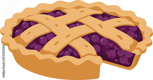 A delicious blueberry pie with a lattice crust, with one slice removed.