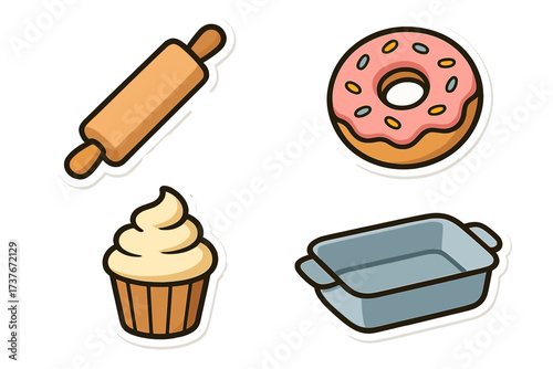 Baking tools and sweet treats including a rolling pin, donut, cupcake, and pan