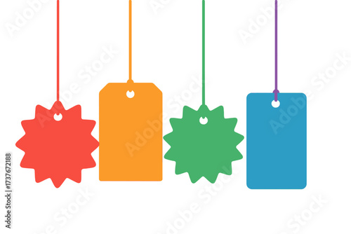 Colorful blank price tags and starburst labels hanging for retail promotions and sales