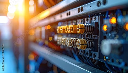 Electrical Panel with Wiring Components and Sun Flare Details Equipment Electrical Connections Inside Control Cabinet Orange and Blue Components