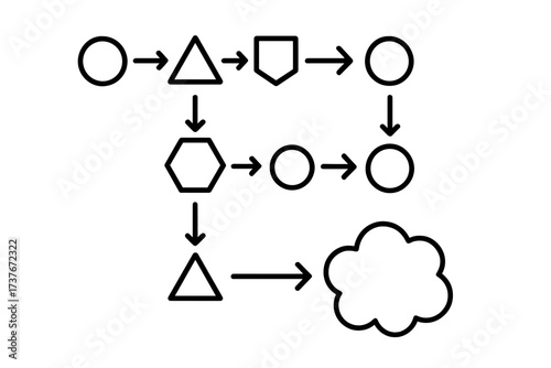 Abstract flowchart diagram with interconnected geometric shapes and directional arrows