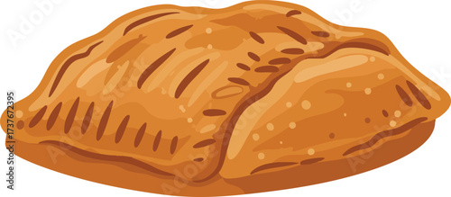 Illustration of a golden-brown baked pastry, possibly a turnover or hand pie, with textured crust on a white background.