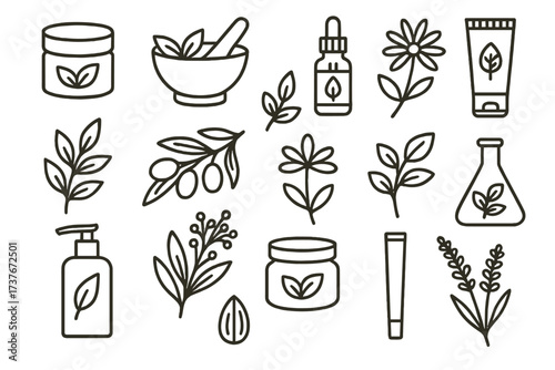 Natural cosmetic and herbal skincare product icons with botanical elements