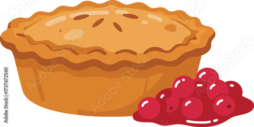 A freshly baked pie with a golden crust and a side of red berry filling on a white background.
