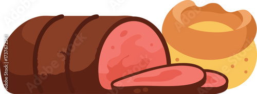 A sliced roast beef with a Yorkshire pudding on the side, presented in a cartoonish style.