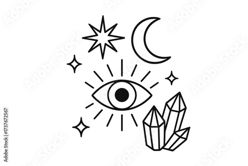 Esoteric celestial symbols featuring an all-seeing eye, crescent moon, star, and healing crystals