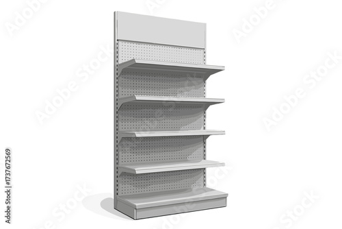 Empty retail store shelving unit with adjustable shelves and header for product display