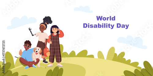 World disability day. Diverse children with disability, blind boy with guide dog, deaf problems, prosthetic hand, background banner, landing page, cartoon flat vector illustration. Inclusion concept.