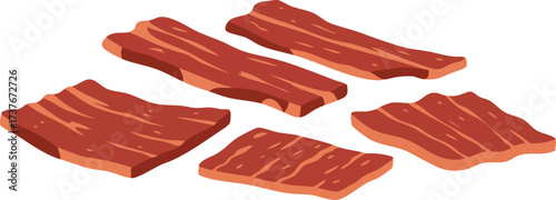 An illustration of several strips of reddish-brown beef jerky, casually piled on a white background, depicting a savory and protein-rich snack.