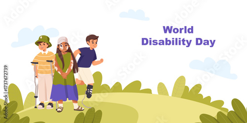 World disability day. Diverse children with disability, prosthetics, skin problems as vitiligo, canes, background banner, landing page or poster, cartoon flat vector illustration. Inclusion concept