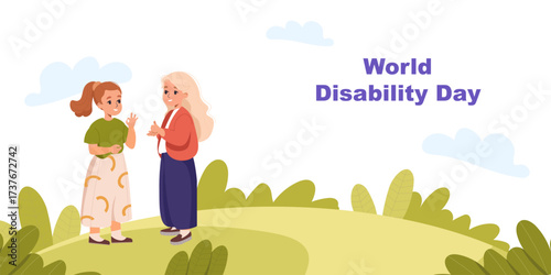 World disability day. Diverse children with disability. Girls with deaf or hearing problems using sing language background banner, landing page cartoon flat vector illustration. Inclusion concept.