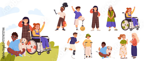 Set of diverse children with disability together. Collection inclusive kids vector cartoon flat illustration. World disability day. Girl in a wheelchair, blind boy, people with prosthesis, canes.