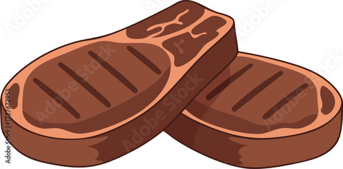 Two grilled steaks with grill marks, side by side, on a white background.