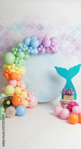 Whimsical Mermaid Party Decorations with Rainbow Balloons and Tail Prop