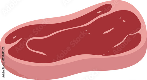A simple cartoon illustration of a raw, uncooked steak, showing the red muscle and pink fat marbling, ready for cooking.