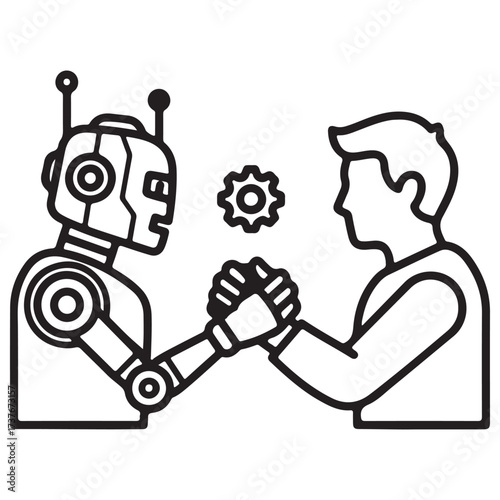 Robot and Human Arm Wrestling with Gear Icon