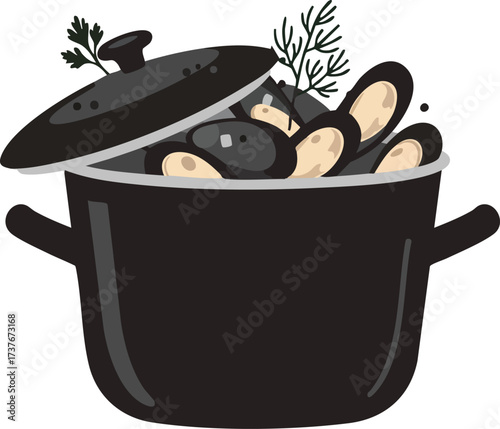 Illustration of a black pot filled with mussels and herbs.