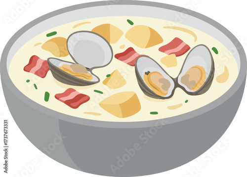 Illustration of clam chowder in a gray bowl with clams, bacon, and potatoes.