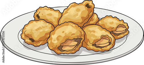 A plate of golden-brown fried food, possibly chicken wings or nuggets, with visible fillings.