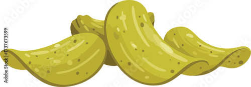 An illustration of several bright green, bumpy, and curved pickles or gherkins arranged together on a white background.