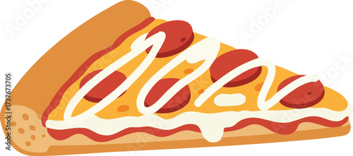 A delicious cartoon illustration of a single slice of pepperoni pizza with melted cheese and a white sauce drizzle, ready to eat.