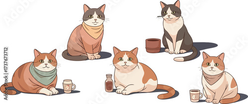 Cute cats sitting and relaxing with coffee cups vector illustration in soft colours and minimal style 