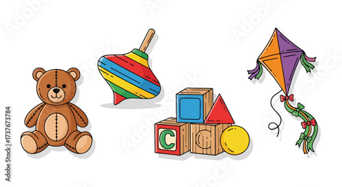 Collection of Colorful Vintage Toys Teddy Bear Spinning Top Building Blocks and Kite