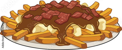 A plate of poutine with french fries, cheese curds, gravy, and bacon bits.
