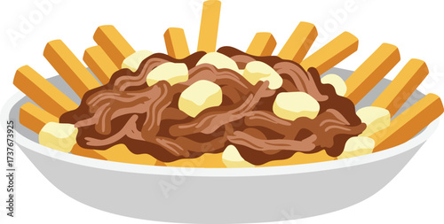 An illustration of a classic Canadian poutine dish with golden french fries, cheese curds, and rich brown gravy served in a white bowl.