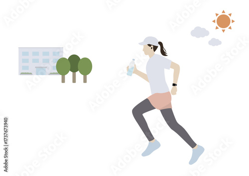 Morning jogging woman with earphones, water bottle and smartwatch illustration