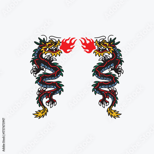 Mirror Image Dual Dragons Head-to-Head Spitting Fire Vector Illustration
