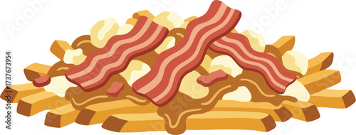 Vector illustration of a delicious serving of Canadian poutine with french fries, cheese curds, gravy, and bacon strips on top.