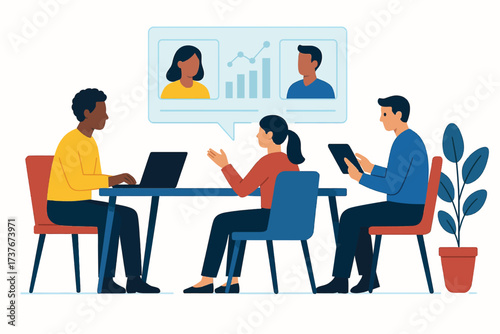 A diverse team of professionals in a hybrid business meeting, collaborating with remote colleagues via video conference call.