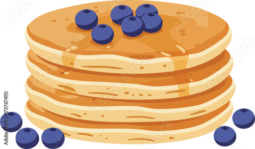 A stack of four golden pancakes topped with fresh blueberries and a generous drizzle of maple syrup, with additional berries scattered around.