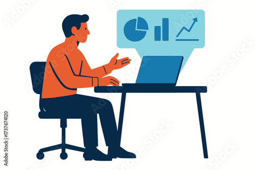 A businessman sitting at a desk analyzes financial data, charts, and graphs displayed on his laptop screen.