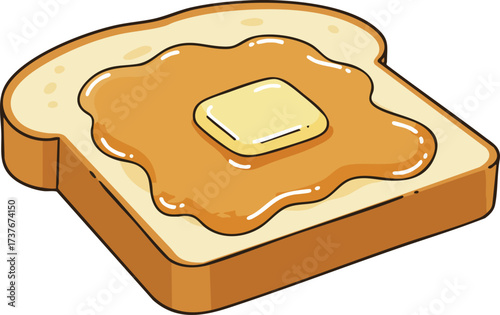 A slice of toasted bread topped with a generous spread of butter and honey.