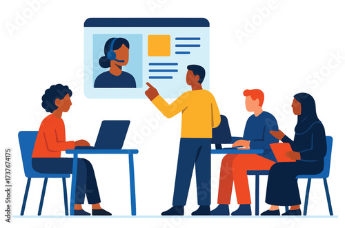 Illustration of a diverse team in a business training session, with a presenter pointing to a screen displaying a remote worker's profile.