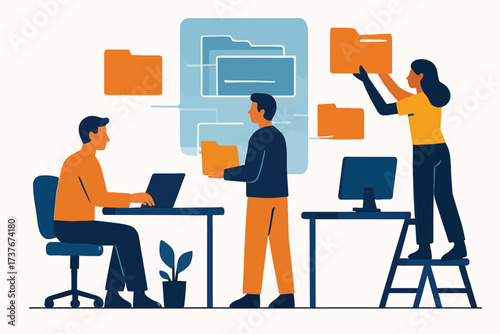 Illustration of a business team collaborating on digital file management and data organization in an office.