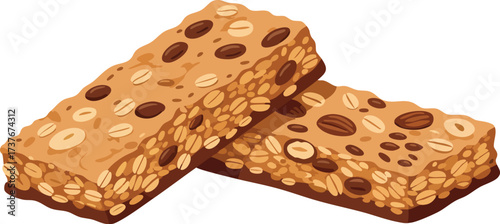 Two delicious granola bars, packed with oats, nuts, and chocolate chips, perfect for a healthy snack.
