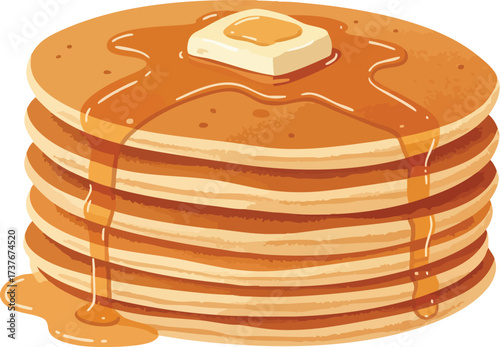 A tall stack of golden brown pancakes drizzled with syrup and topped with a pat of butter.