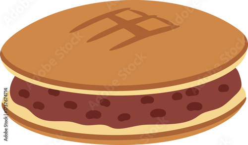 A vector illustration of a traditional Japanese dorayaki sweet with red bean paste filling, isolated on a white background.