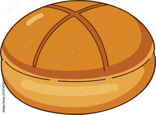 A simple, cartoon-style illustration of a golden-brown bread roll with a cross-shaped score on top.