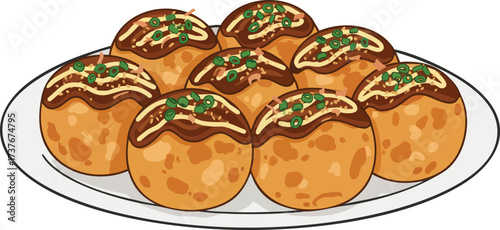 A plate of delicious Japanese takoyaki, topped with savory sauce, creamy mayonnaise, and fresh green onions, ready to be enjoyed as a snack or meal.