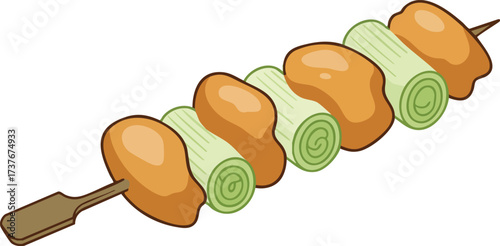 An illustration of a Japanese yakitori skewer with alternating pieces of chicken and leek, isolated on a white background.