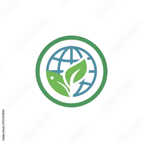 Green leaf and fish on a globe, representing marine life and environmental conservation