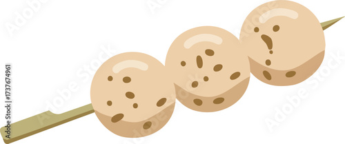 A close-up illustration of three light brown meatballs on a skewer, with dark speckles visible on their surfaces.