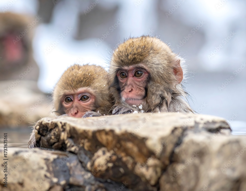 Naklejka premium Two young snow monkeys bathing in a hot spring