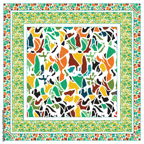 Colorful abstract scarf pattern with organic shapes in green, orange, black, and yellow, frame with intricate borders in similar hues.